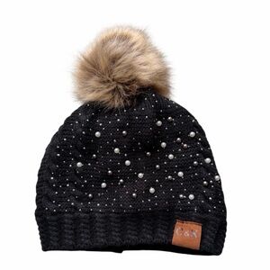 C&K Black Fur Sherpa Pom Beanie Hat w/ Faux Pearl Embellishment & Fleece Lining